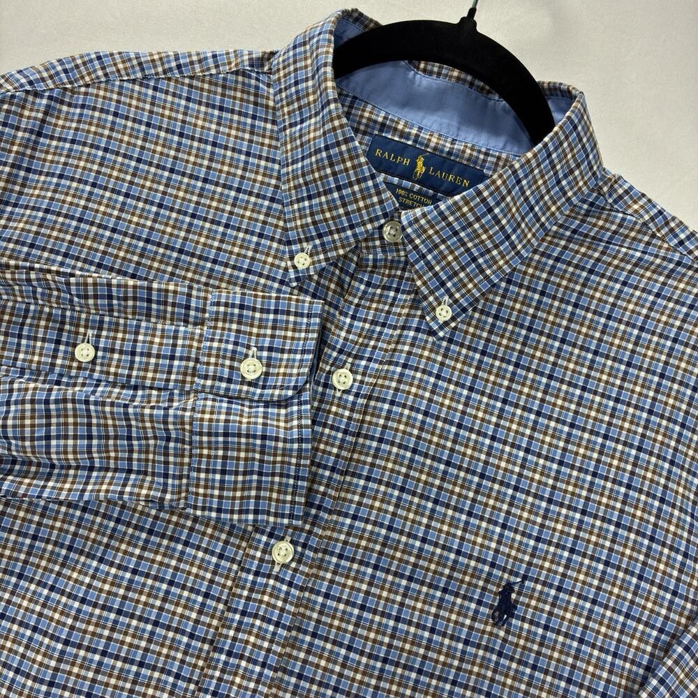 Ralph Lauren Men’s Shirt L Blue Brown Plaid 100% Cotton Stretch Button Down